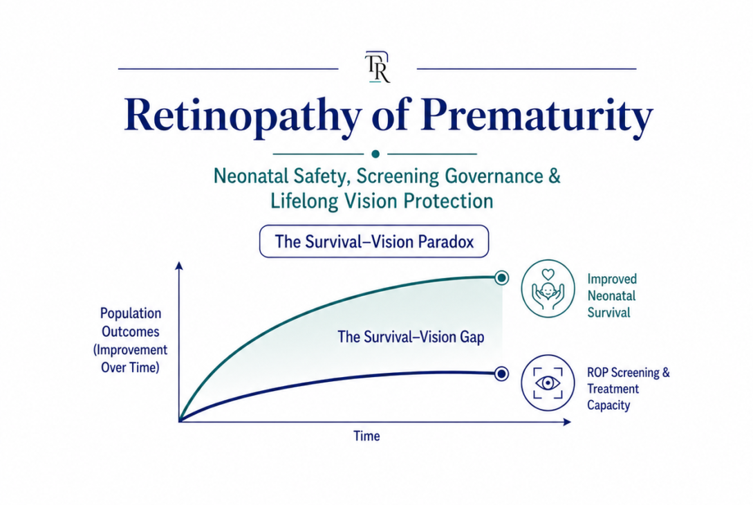Retinopathy of Prematurity health-systems framework illustrating the Survival–Vision Paradox and lifelong vision protection.