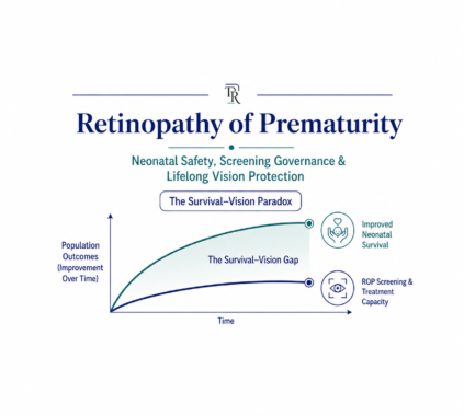 Retinopathy of Prematurity health-systems framework illustrating the Survival–Vision Paradox and lifelong vision protection.