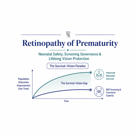 Retinopathy of Prematurity health-systems framework illustrating the Survival–Vision Paradox and lifelong vision protection.