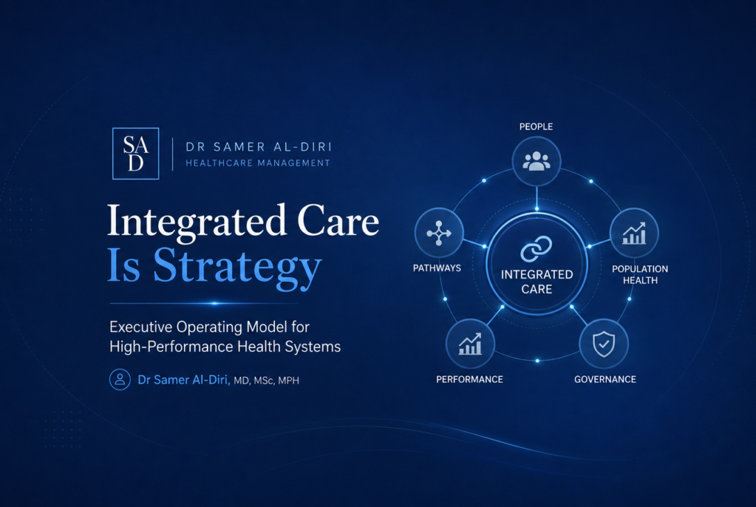 Integrated Care Is Strategy — executive operating model linking people, pathways, population health, performance and governance.