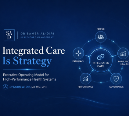 Integrated Care Is Strategy — executive operating model linking people, pathways, population health, performance and governance.